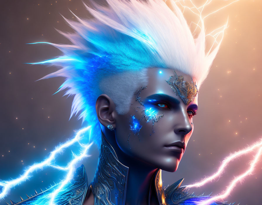 Vibrant digital portrait with blue and white spiked hair, glowing eyes, and gold lightning patterns on