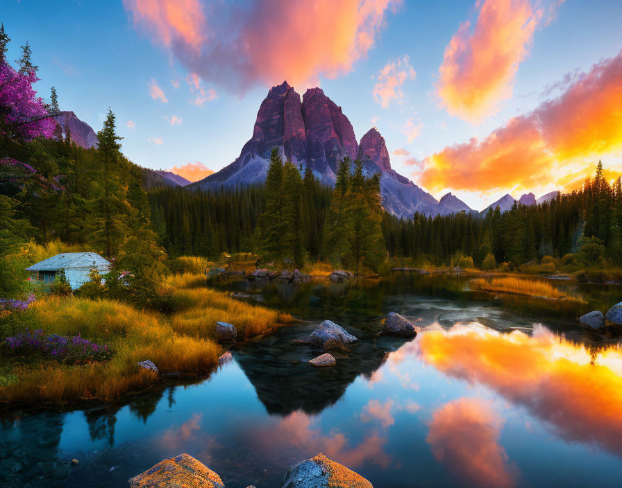 Vibrant sunset over calm lake with fiery clouds, lush forest, mountain, and cabin