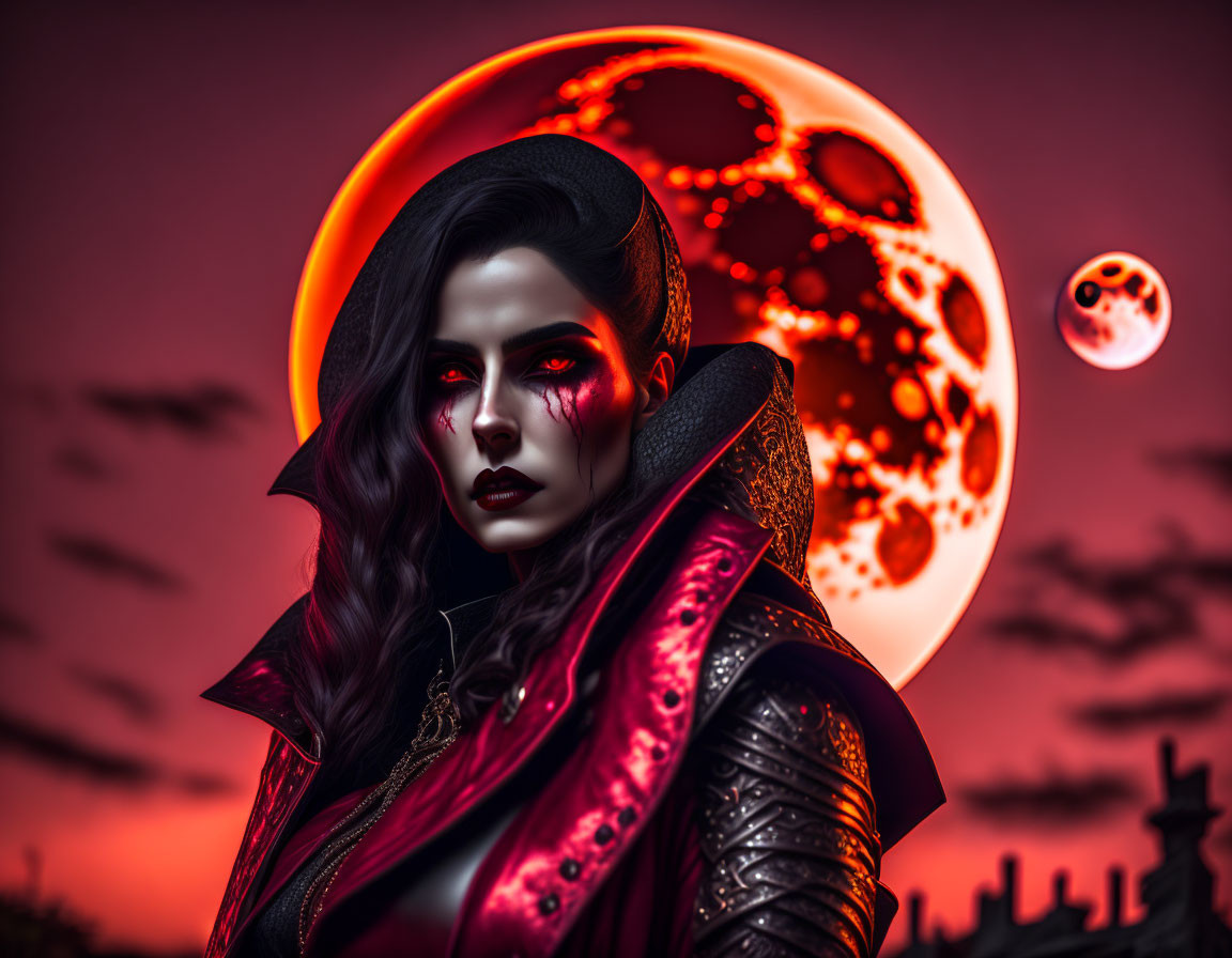 Female Vampire in Gothic Fantasy with Red Eyes and Moon in Crimson Sky