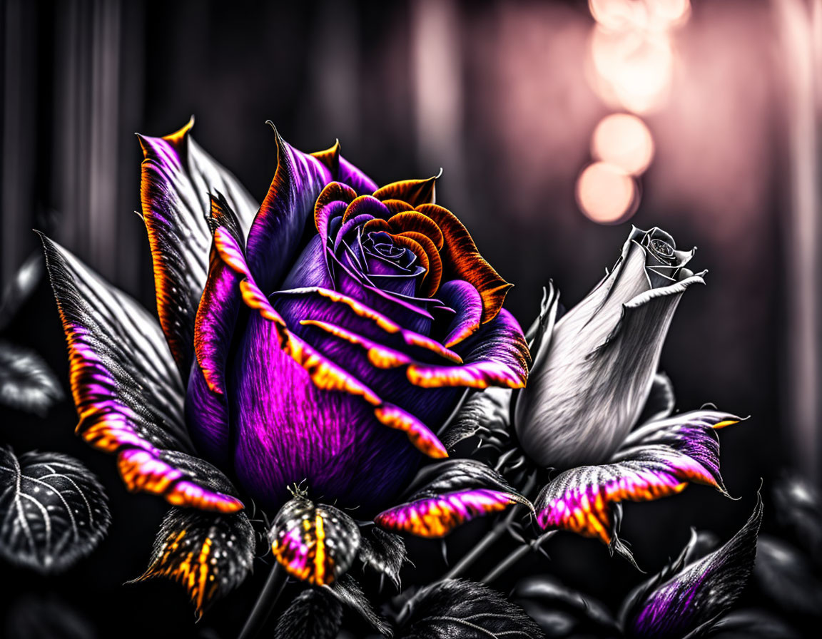 Colorful Rose with Purple and Yellow Hues on Monochrome Background