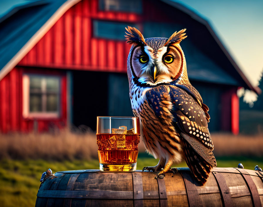 Owl on Wooden Barrel with Whiskey Glass at Sunset