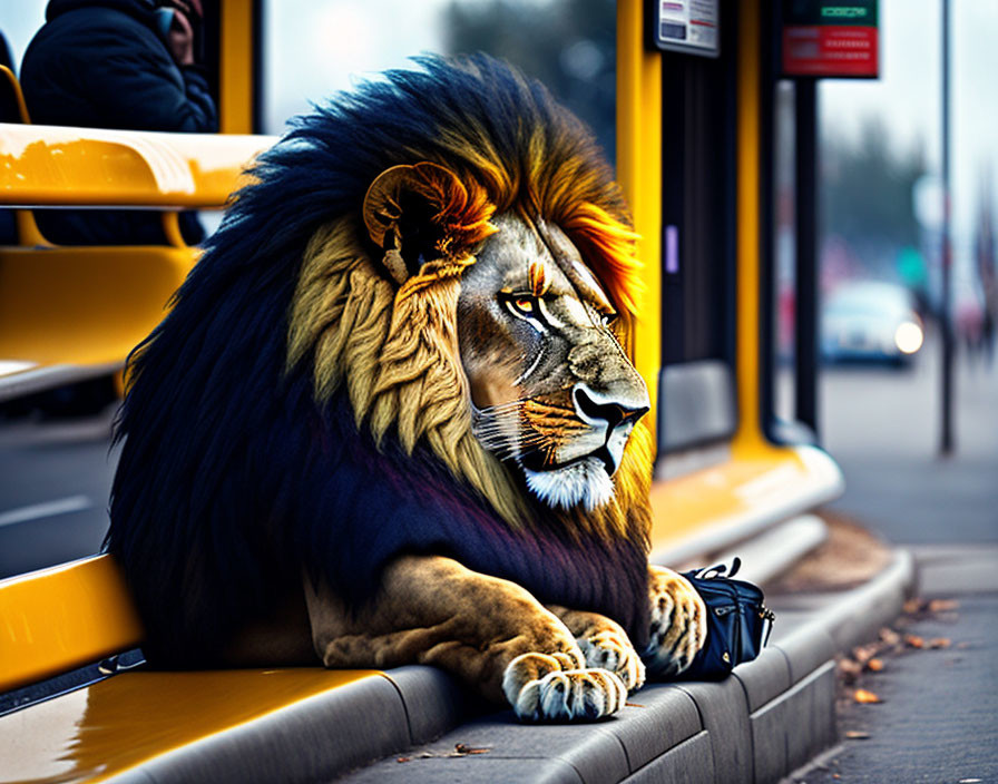 Majestic lion with human-like mane on bus bench with briefcase