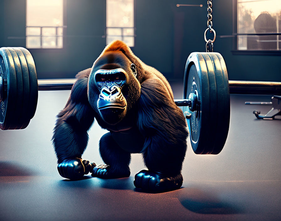 Muscular gorilla in gym squatting with loaded barbell under sunlight.