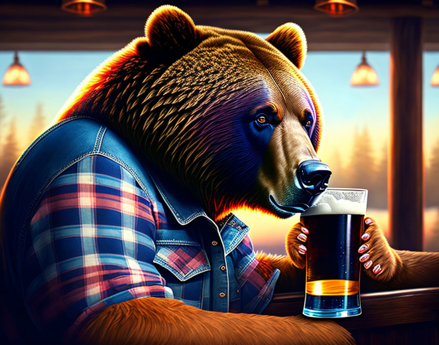 Humanoid Bear in Denim Shirt Sipping Beer at Bar