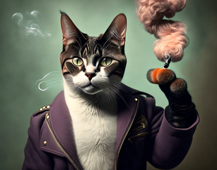 Anthropomorphic Cat in Leather Jacket with Pipe and Smoke