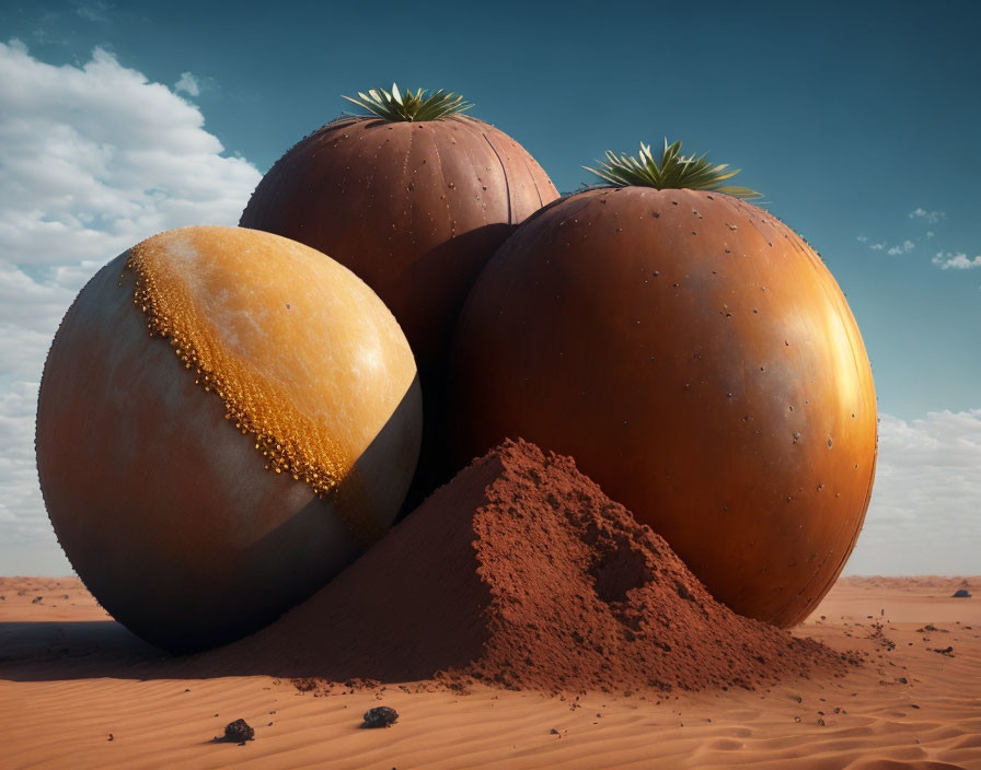 Three oversized oranges with succulent plants in desert setting.