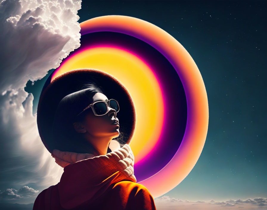 Fashionable woman wearing large sunglasses and scarf surrounded by colorful swirls in the sky