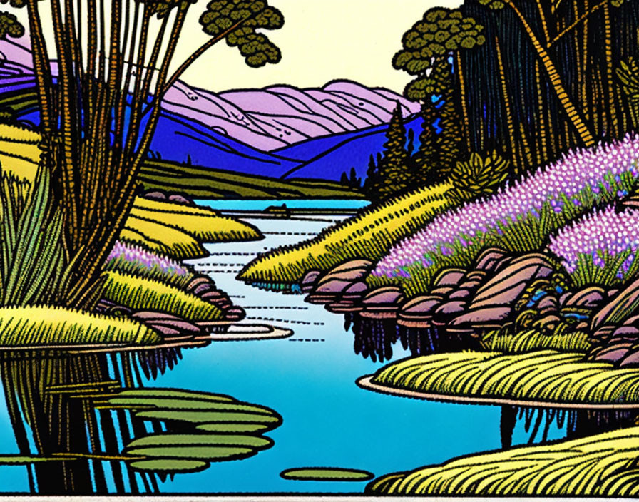 Colorful River Landscape with Purple Flowers and Mountains