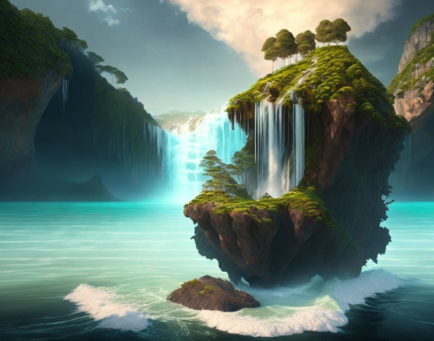 Tranquil floating island with lush greenery and waterfalls