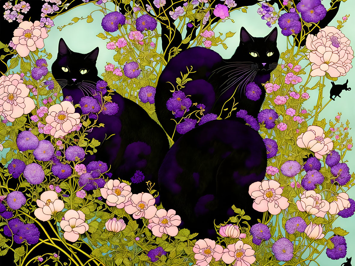 Two Black Cats in Vibrant Floral Setting with Purple and Pink Flowers