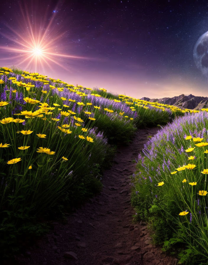 Vibrant path with starry sky, yellow flowers, lavender, sun, and moon