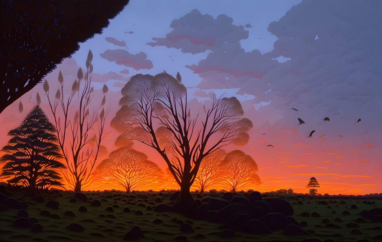 Colorful digital artwork of silhouetted trees in fiery sunset with birds and rocks