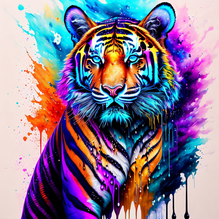 Colorful Tiger Illustration with Blue, Purple, and Pink Burst Background