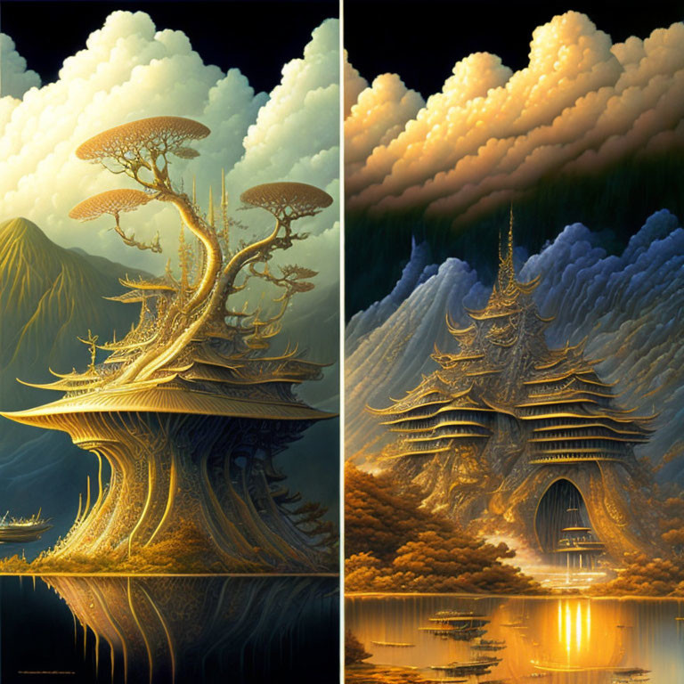 Golden tree-shaped structures in fantasy landscapes with mountains, clouds, and mystical reflections.