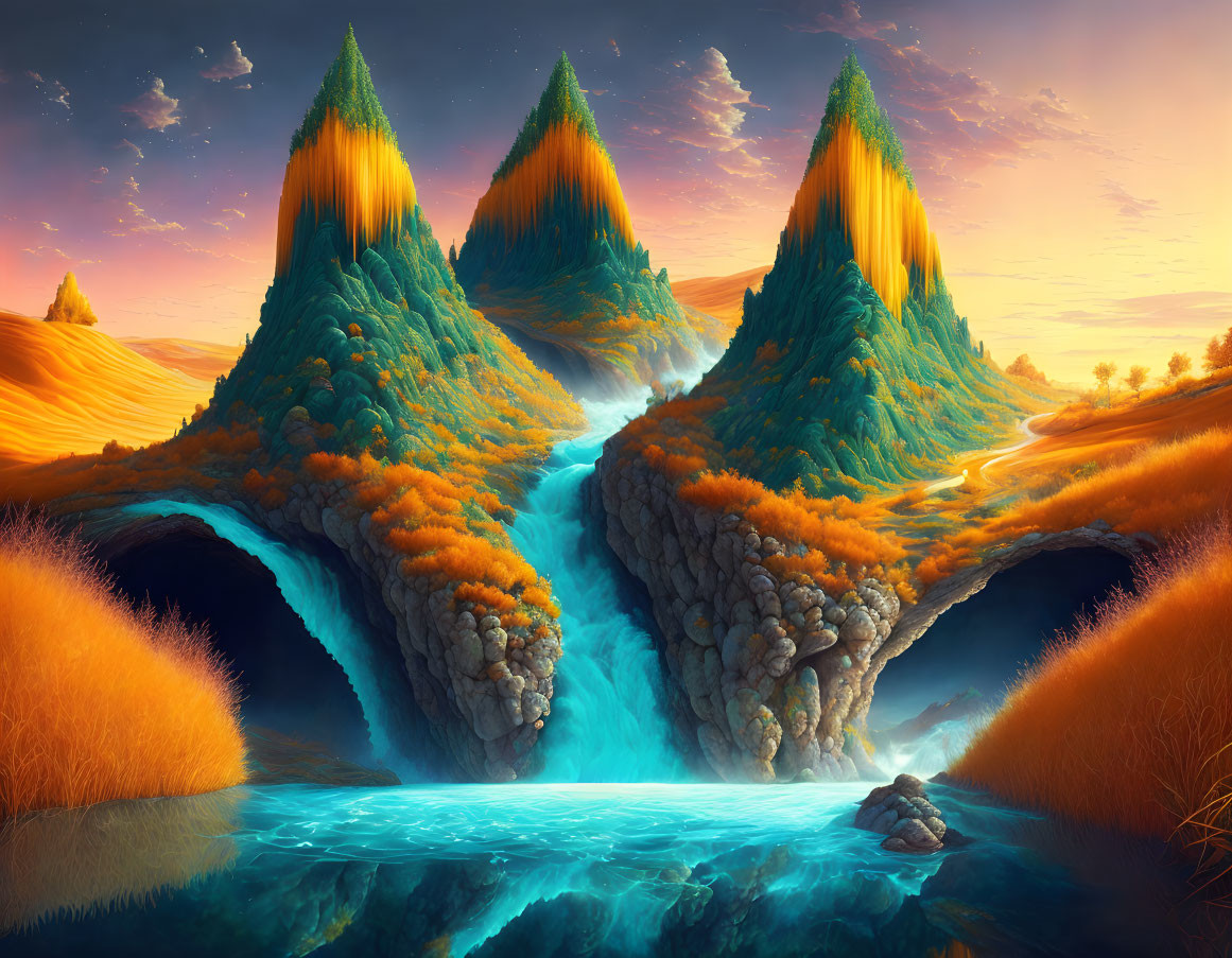 Vibrant Orange and Blue Surreal Landscape with Floating Mountains