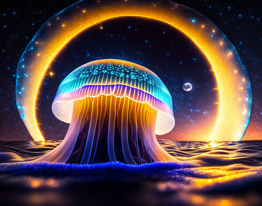 Colorful digital artwork: Glowing jellyfish with neon tentacles on starry beach