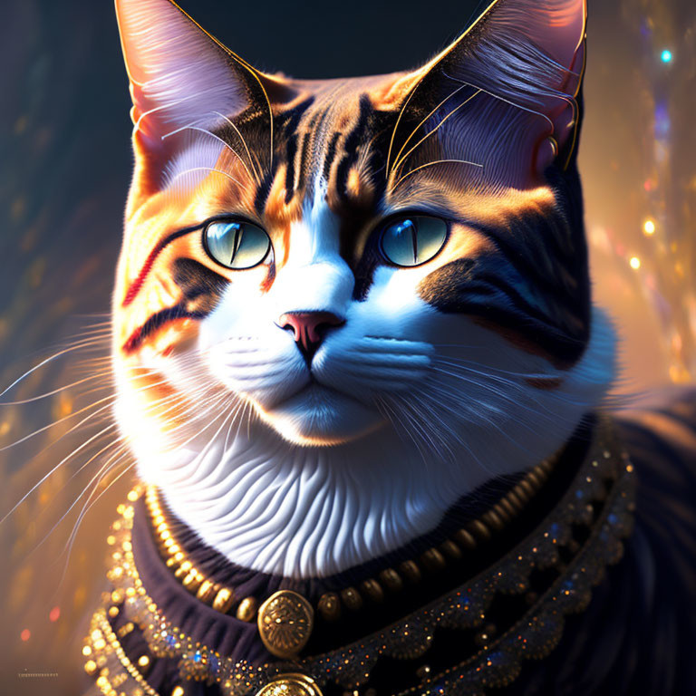 Regal cat with blue eyes wearing golden jewelry in warm light