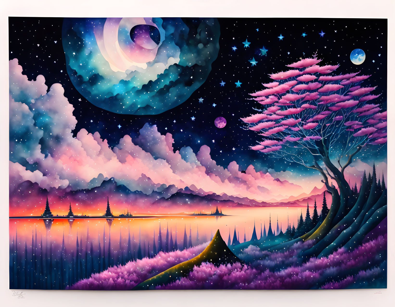 Colorful surreal landscape with swirling moon, cherry blossom tree, starry sky.