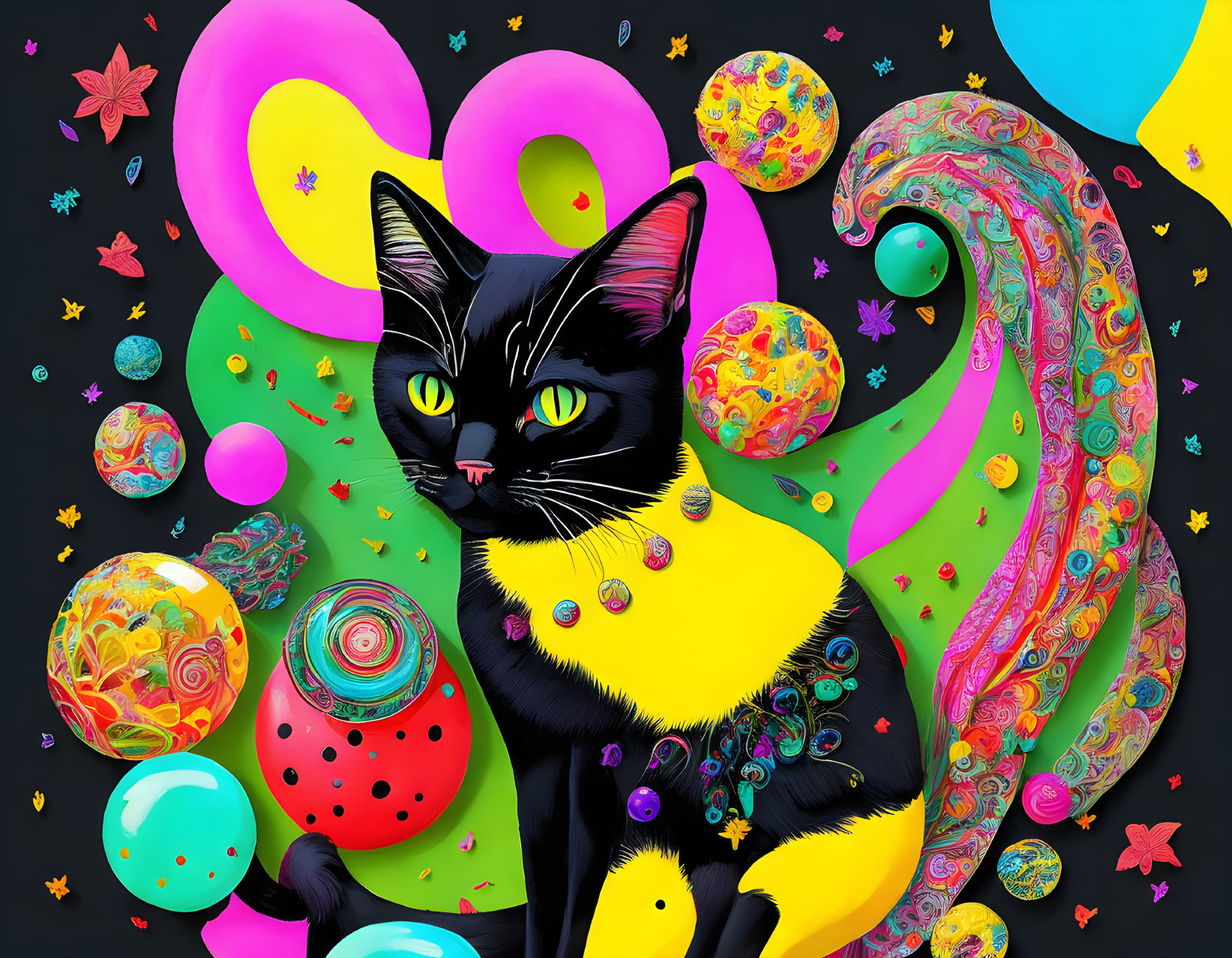 Colorful Digital Art: Black Cat Surrounded by Vibrant Shapes