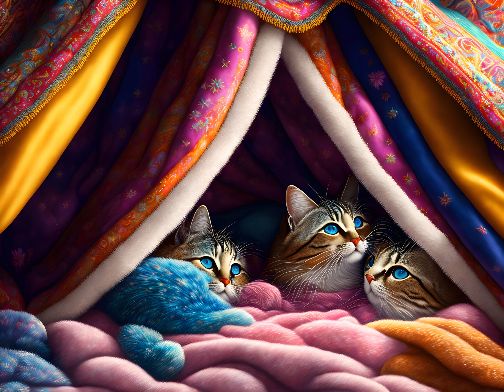 Three Cats Snuggled in Colorful Blanket Fort