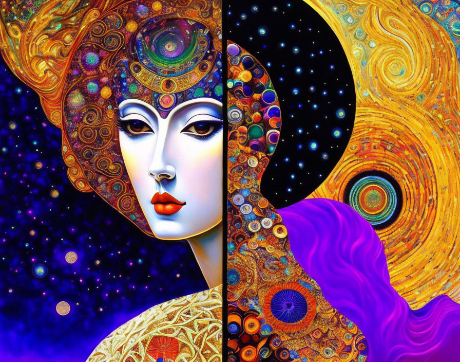 Colorful artwork of stylized female figure with cosmic backgrounds reminiscent of Starry Night