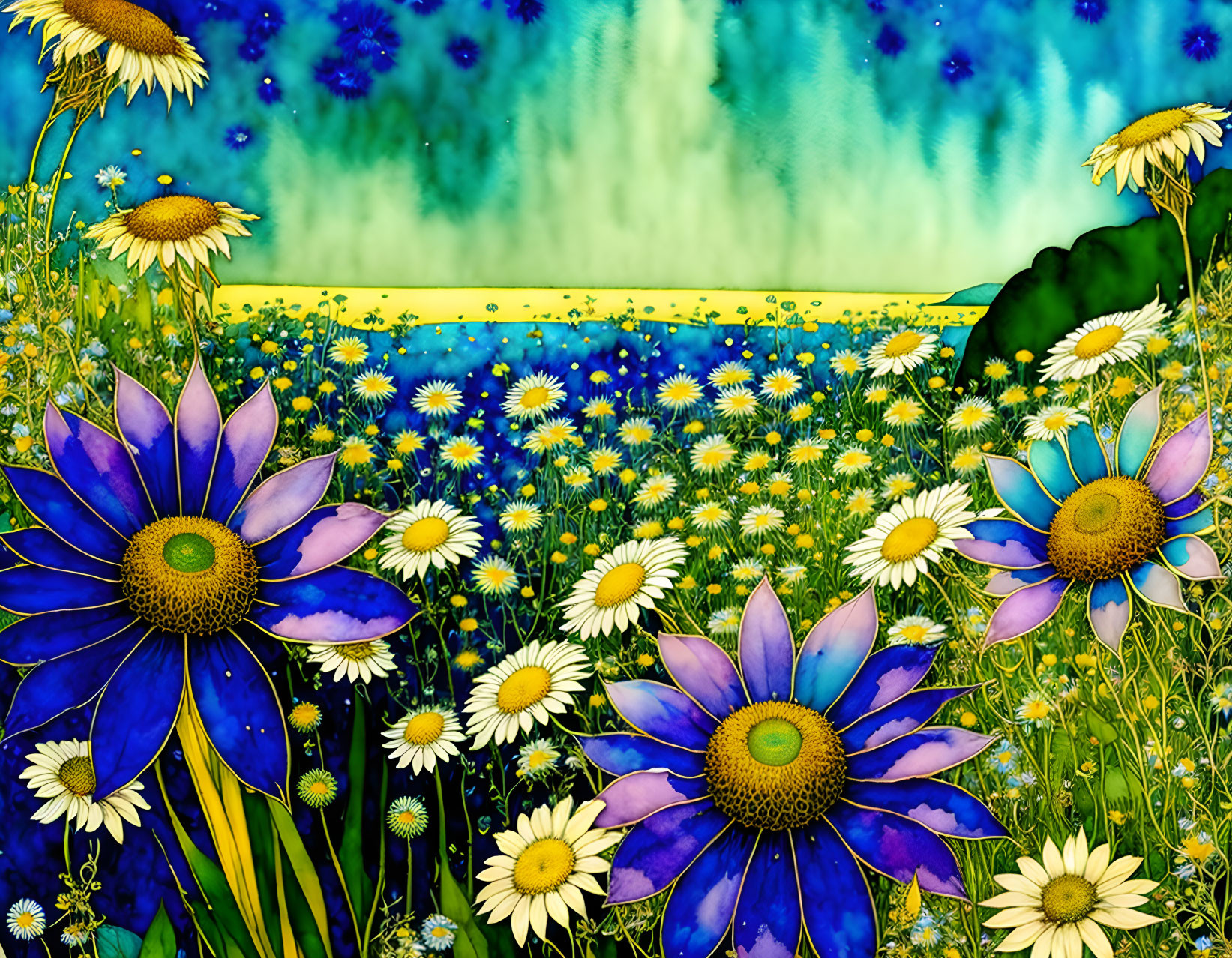 Colorful Stylized Garden with Large Blue and Yellow Flowers