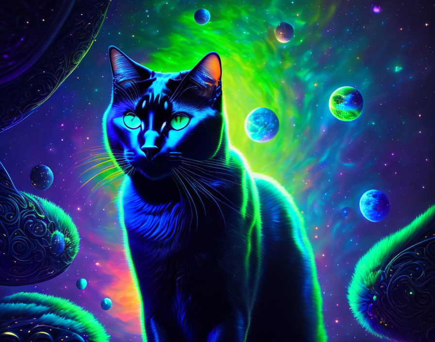 Colorful digital artwork: Blue cat with glowing eyes in cosmic setting