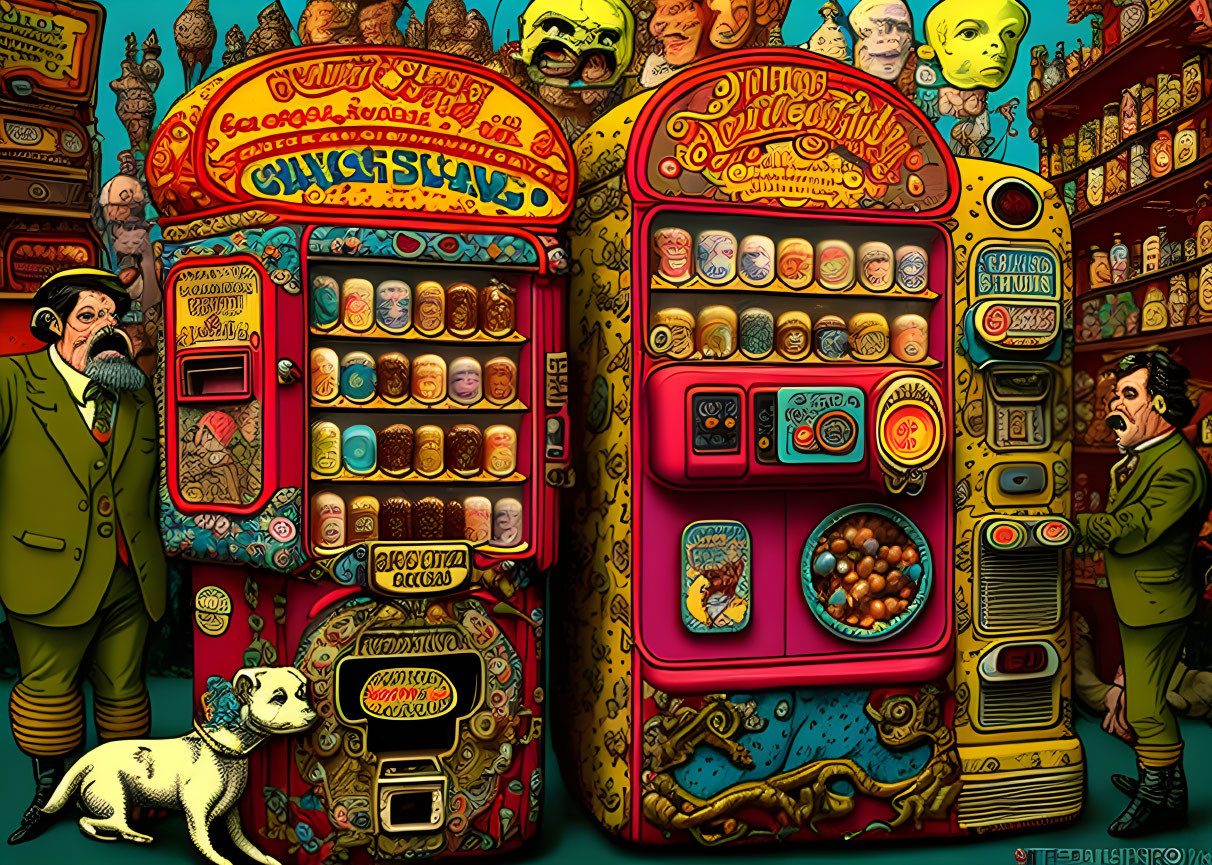 Colorful Vintage Arcade & Vending Machines in Surreal Room with Ornate Designs