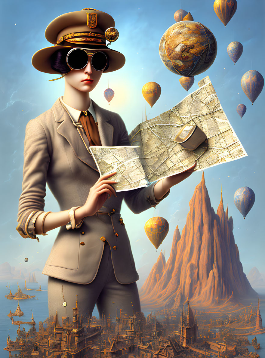 Steampunk-themed woman with hat and goggles holding map in front of floating islands and airships.