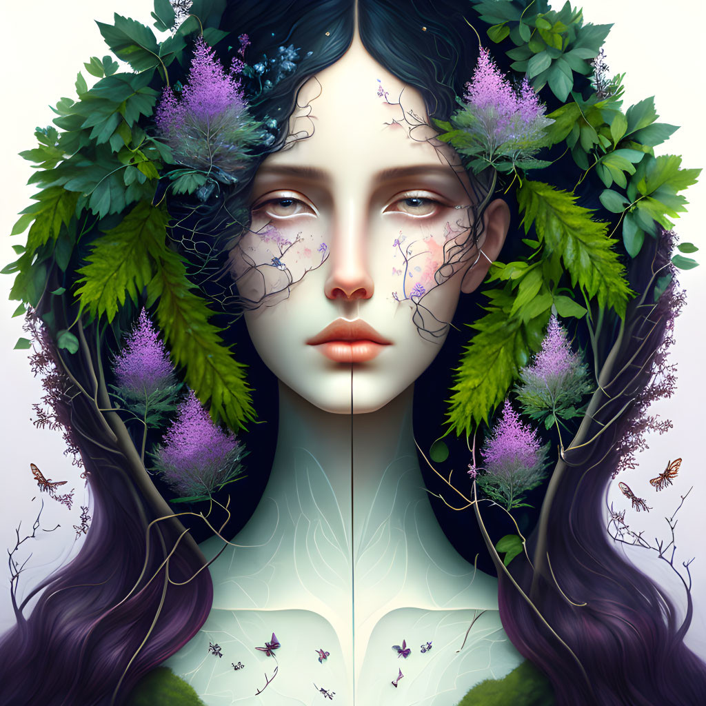 Symmetrical woman's face with purple hair, adorned with green leaves, flowers, and butterflies