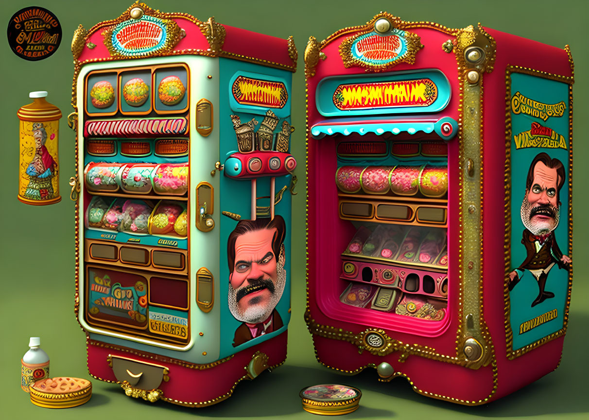 Vintage-Style Candy Vending Machines with Colorful Candies and Caricatured Faces