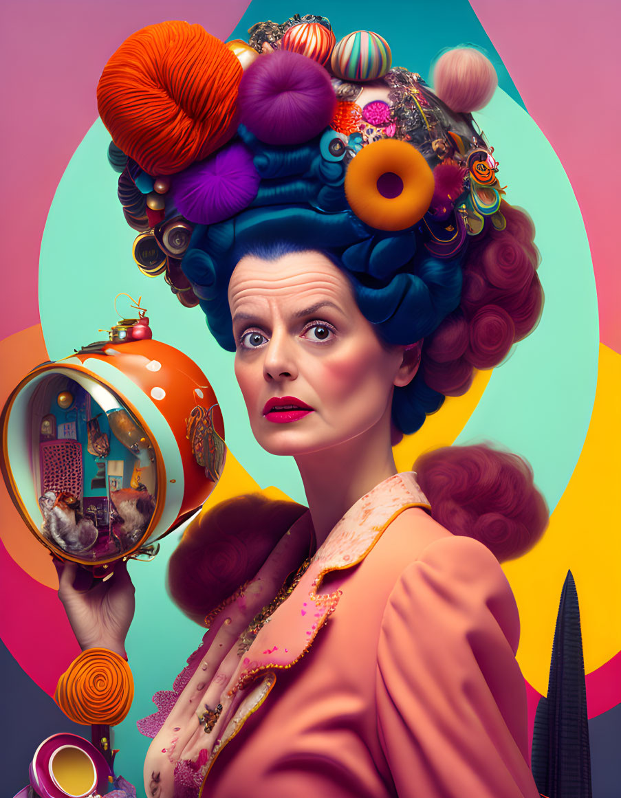 Colorful surreal portrait of woman with elaborate headdress and hand mirror