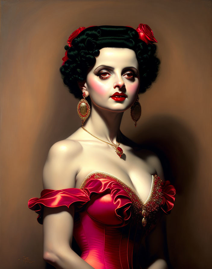 Portrait of woman with vintage makeup and red flower adornments in red off-shoulder dress