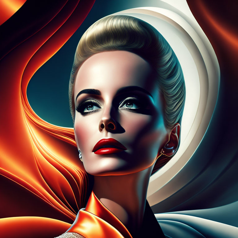 Woman's portrait with sleek hairstyle and bold makeup on abstract orange and blue backdrop