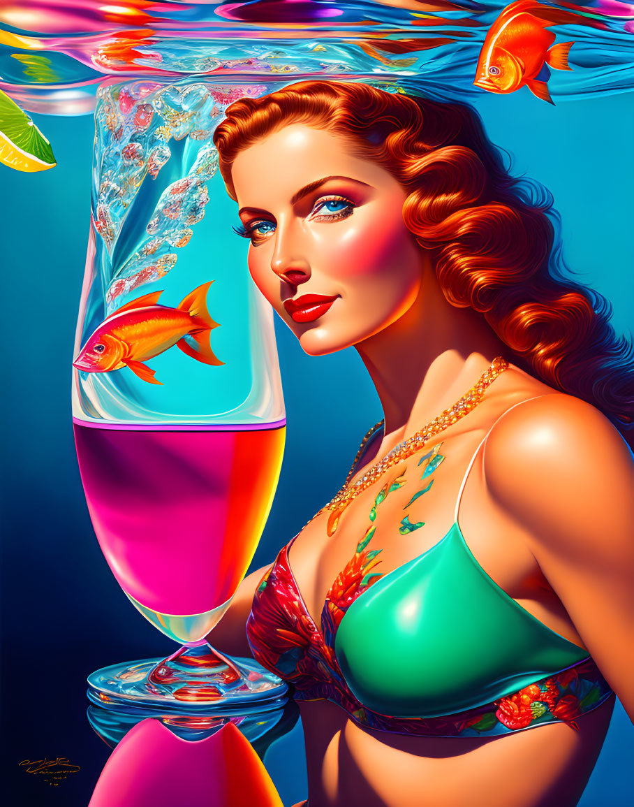 Retro-style illustration of woman with red hair and green top beside wine glass and fish on blue background