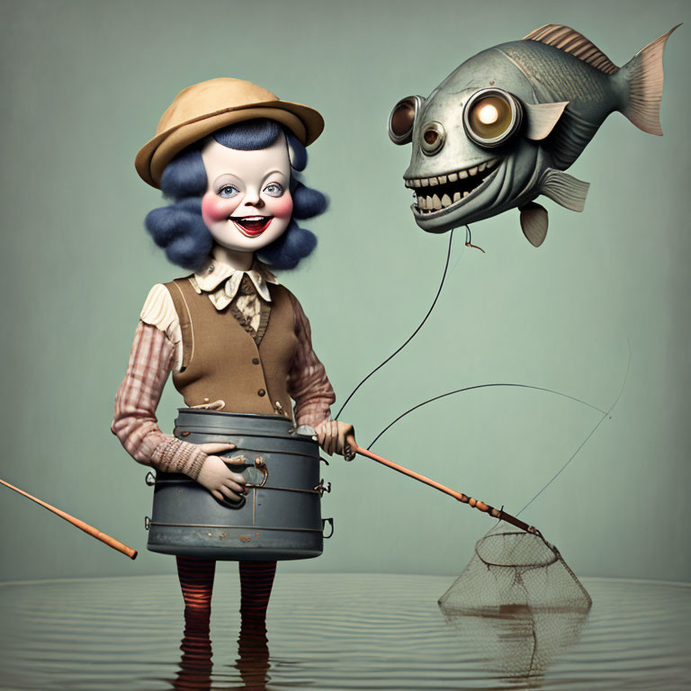 Whimsical image of doll-like girl with fishing rod and smiling fish