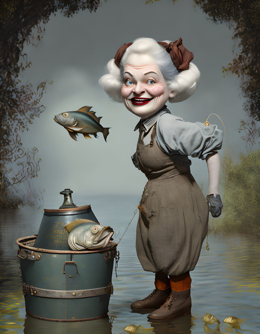 Whimsical elderly woman with exaggerated features holding a fish by a river