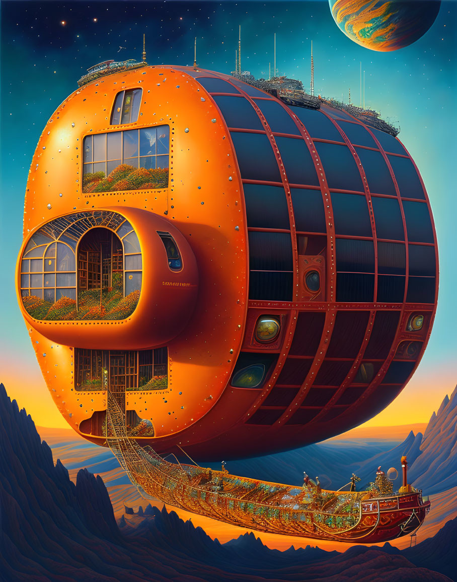 Illustration of orange spherical spaceship docked to old-fashioned ship among rocky peaks