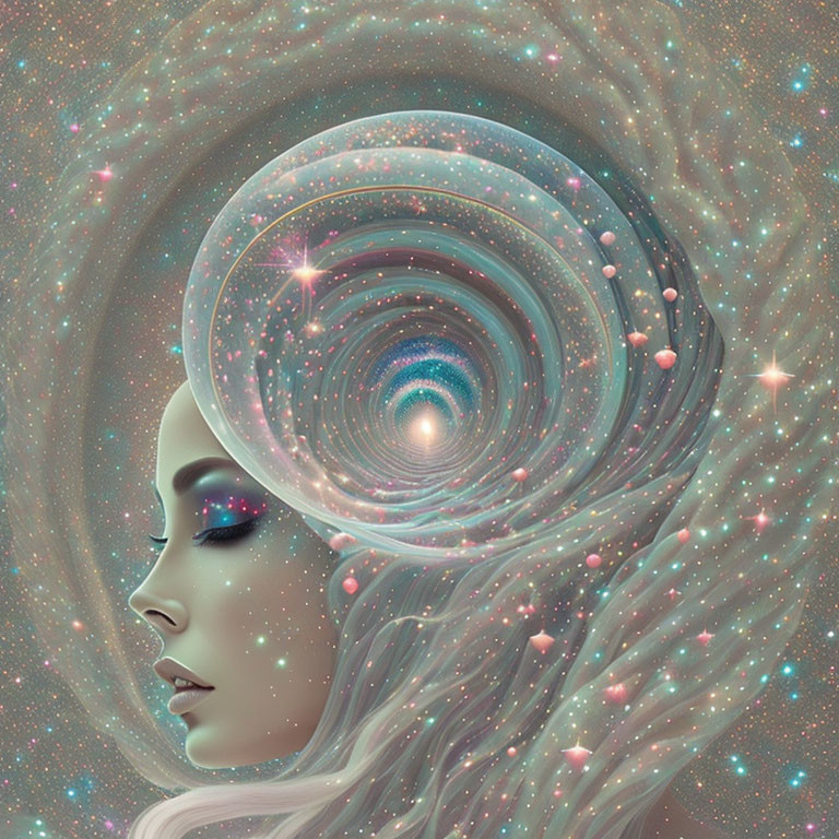 Surreal illustration of woman merging with cosmic galaxy