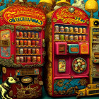 Colorful Vintage Arcade & Vending Machines in Surreal Room with Ornate Designs