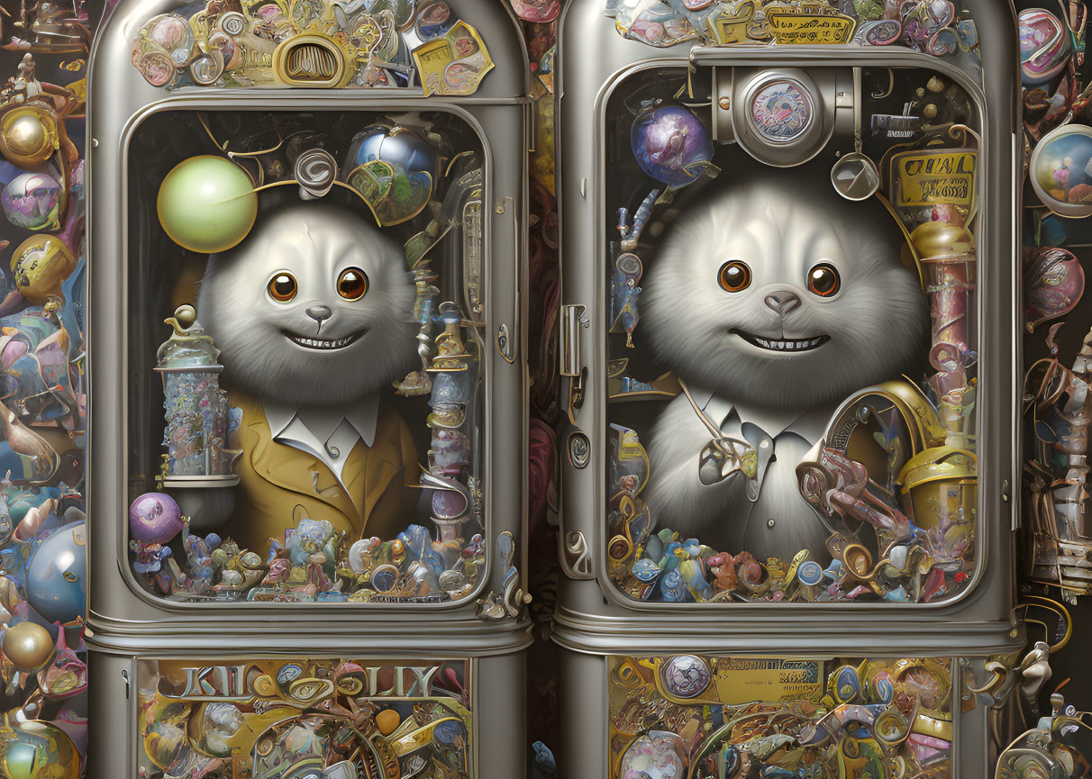 Whimsical animated cats in suits among magical objects in ornate cabinets