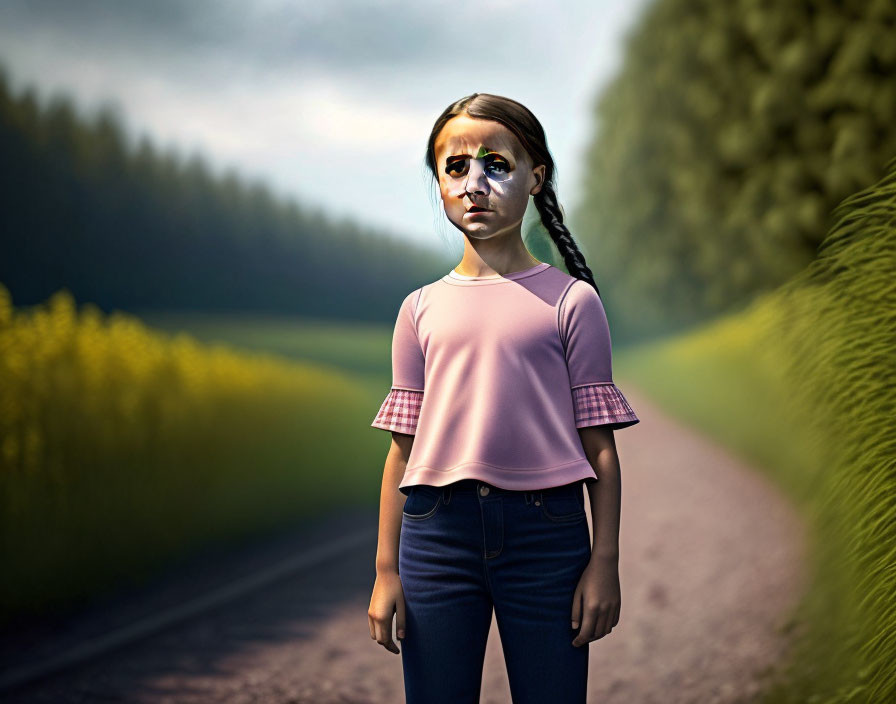 Young girl with stern expression on country road with bruise around eye