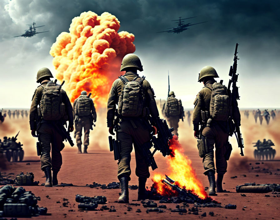 Military soldiers in desert warzone with explosion and helicopters.