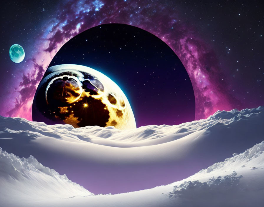 Surreal space scene with celestial bodies and large moon on snowy surface