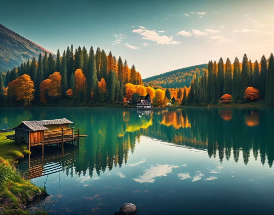 Tranquil lake with small hut reflection, autumn forest, clear sky