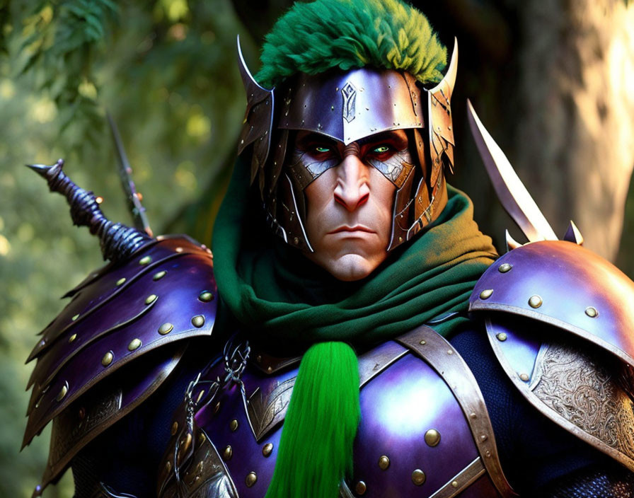 Fantasy character with green hair in detailed armor against forest backdrop