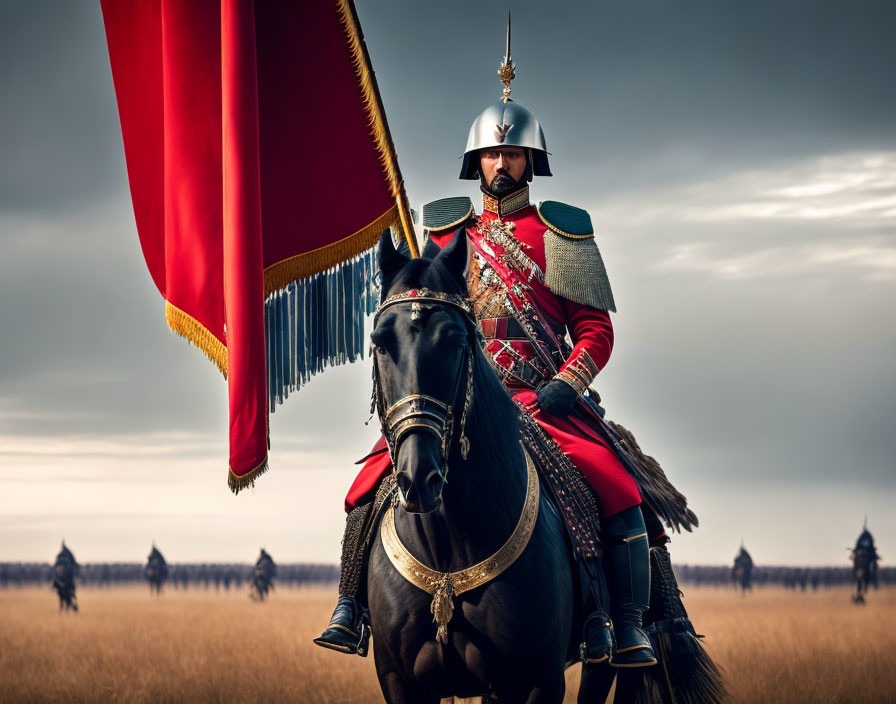 Historical military uniform person on black horse with red flag and soldiers in background