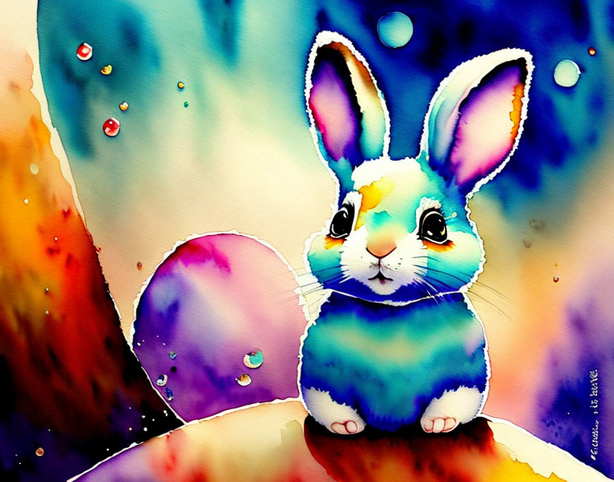 Colorful Watercolor Illustration of Multicolored Rabbit on Abstract Background