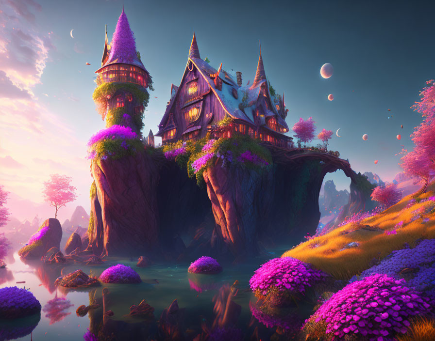 Whimsical castle on floating island with pink and purple flora under twilight sky