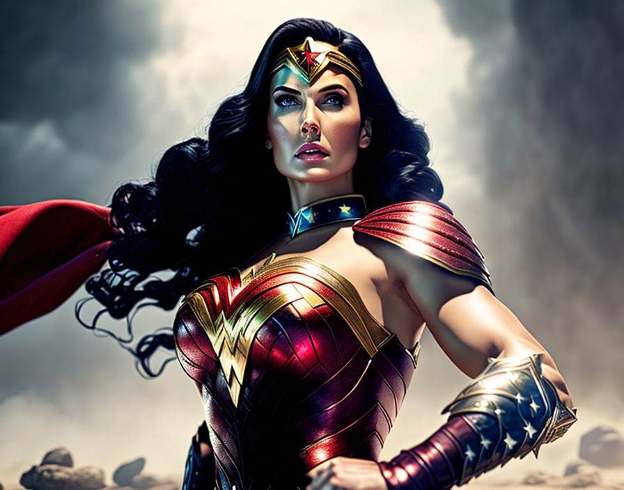 Female superhero in golden tiara and armor with lasso against dramatic sky